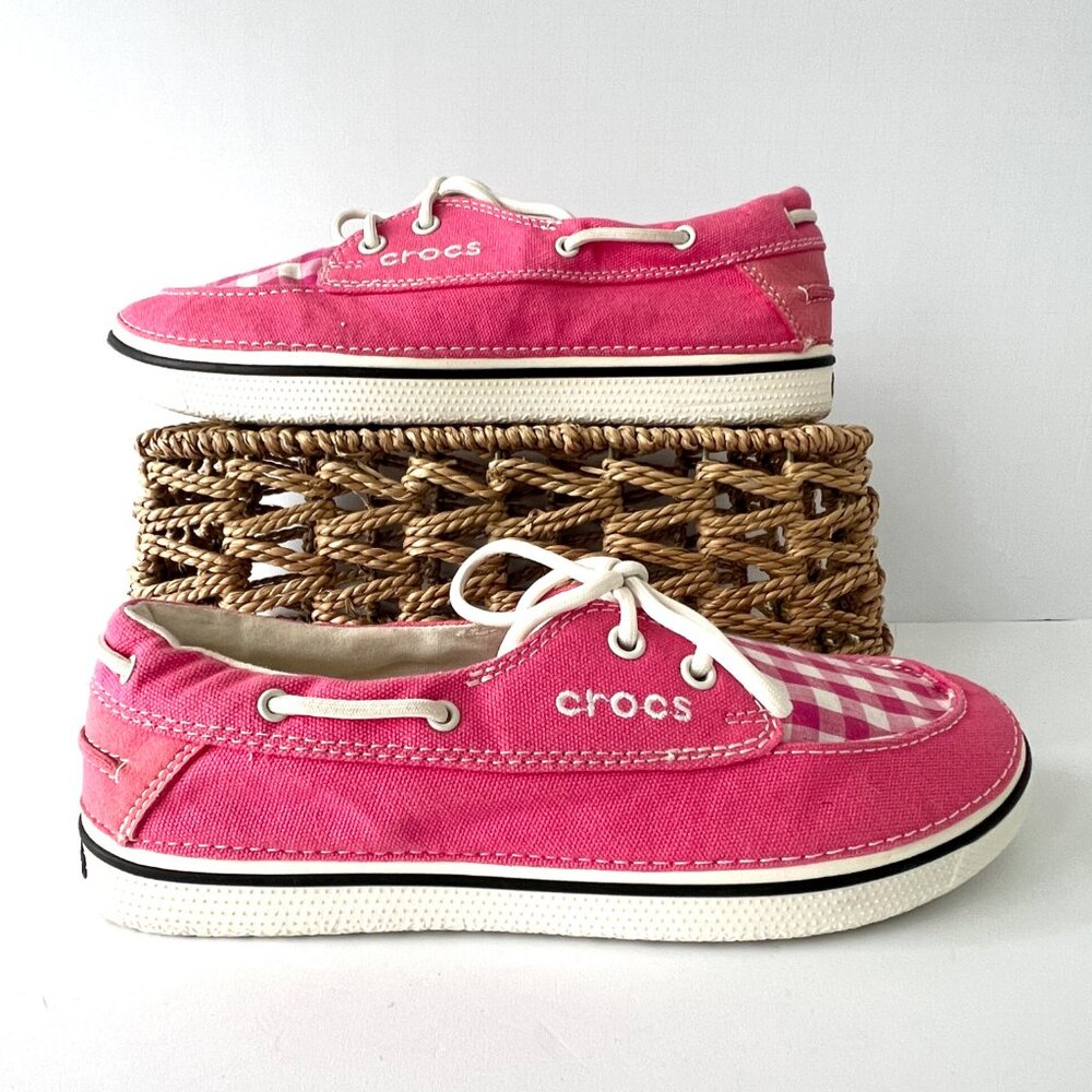 Crocs, Hover Boat Pink Gingham Check, Lace Ups, Size 9, Excellent - Picture 3 of 16
